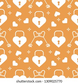 Seamless pattern with hearts, lock, keys in heart shape. Greeting card happy Valentine's Day. Romantic background. Design for banner, poster or print.