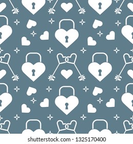 Seamless pattern with hearts, lock, keys in heart shape. Greeting card happy Valentine's Day. Romantic background. Design for banner, poster or print.