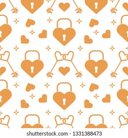 Seamless pattern with hearts, lock, keys in heart shape. Greeting card happy Valentine's Day. Romantic background. Design for banner, poster or print.