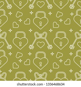 Seamless pattern with hearts, lock, keys in heart shape. Greeting card happy Valentine's Day. Romantic background. Design for banner, poster or print.