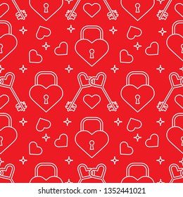 Seamless pattern with hearts, lock, keys in heart shape. Greeting card happy Valentine's Day. Romantic background. Design for banner, poster or print.