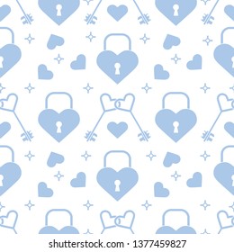 Seamless pattern with hearts, lock, keys in heart shape. Greeting card happy Valentine's Day. Romantic background. Design for banner, poster or print.