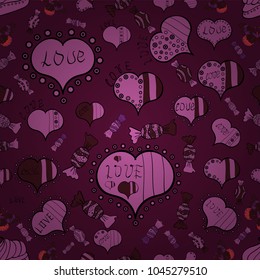 Seamless pattern with hearts. Love card. Cartoon hearts love on purple, pink and black colors on cute background. Vector illustration. Our love is magic.