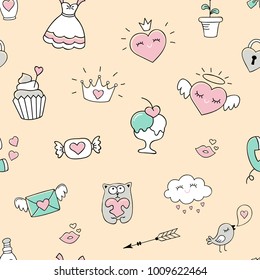 Seamless pattern with hearts and love doodles