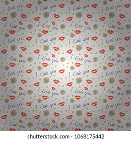 Seamless pattern of hearts, love letter, rose flower and love text in a orange, white and beige colors. Vector illustration.