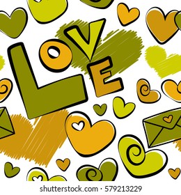 Seamless pattern of hearts, love letter and love text in a green and yellow colors on a white background. Vector illustration.