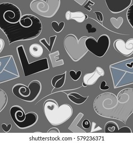 Seamless pattern of hearts, love letter, rose flower and love text in a gray colors. Vector illustration.