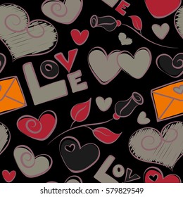 Seamless pattern of hearts, love letter, flower and love text in a pink, gray and red colors on a black background. Vector illustration.