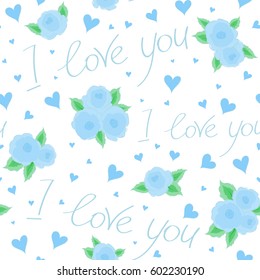 Seamless pattern of hearts, love letter, flower and love text in a neutral and blue colors on a white background. Vector illustration.