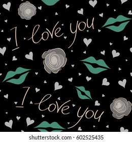Seamless pattern of hearts, love letter, flower and love text in a beige, green and gray colors on a black background. Vector illustration.