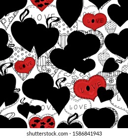 Seamless pattern with hearts, Love lettering for Valentine's Day on white background. Handmade. Vector. Print for bed linens, fabric, textiles, wallpaper, greeting cards, wrapping paper, gift box
