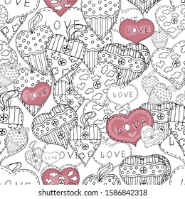 Seamless pattern with hearts, Love lettering for Valentine's Day on white background. Handmade. Vector. Print for bed linens, fabric, textiles, wallpaper, greeting cards, wrapping paper, gift box
