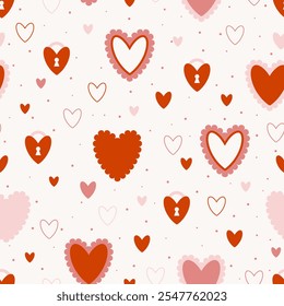 Seamless pattern with hearts, a love lock, and dots in pastel colors for Valentine's Day. A cute and delicate print for the celebration of love. Feelings, love, emotions. A pattern for gift wrapping