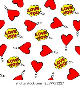 Seamless pattern with hearts and love messages designed for Valentine's Day and romantic occasions