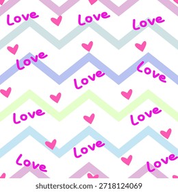 Patrón sin fisuras de corazones y citas de amor. Fondo lindo y romántico del corazón con el patrón del triángulo del zigzag. Para imprimir, tarjetas, postales, carteles, textiles, papel de regalo, moda y San Valentín. Ilustración vectorial.