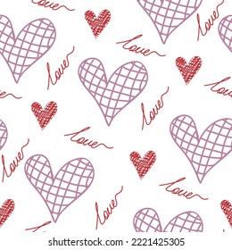 Seamless pattern of hearts and love text on white background. Hand drawn Valentine's Day template. Design print to social media,  textile, wallpaper, wrapping paper, flyer, home decor