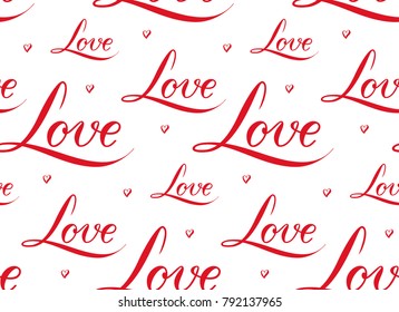 Seamless pattern with hearts and Love word isolated on white background. Calligraphy sign for background, card, invitation, banner, web, print, paper, cover. Vector decoration for St Valentine's day