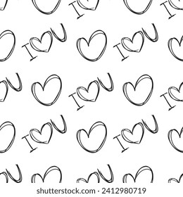 Seamless pattern with hearts and I love you hand written words in black isolated on transparent background. Hand drawn vector sketch illustration in doodle vintage engraved outline, line art style