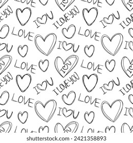 Seamless pattern with hearts and I love you hand written words in black isolated on transparent background. Hand drawn vector sketch illustration in doodle vintage engraved outline, line art style