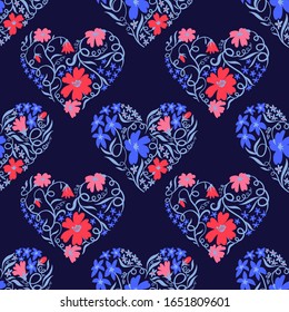  Patrón sin problemas. Corazones de flores y hierbas. Jardín mágico. Excelente para invitaciones, tarjetas de felicitación, papel de envoltura, tela y más. También es genial para San Valentín.