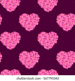Seamless pattern with hearts made of pink roses