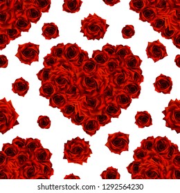 Seamless pattern with Hearts made of red roses in photorealistic detailed style , clean vector for valentine s day or romantic event, for wedding invitation card or banner, isolated on white 