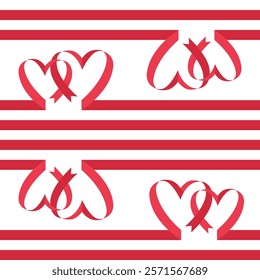 Seamless pattern with hearts made of red ribbon and lines. Background with simple love symbol on white background. Vector illustration