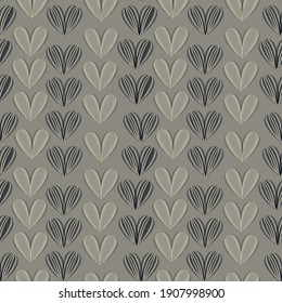 Seamless pattern with hearts made of sunflower seeds. Hand drawn vector illustration, flat color design.