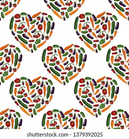 Seamless pattern with hearts made of tomatoes, cucumbers, carrots, eggplants and bell peppers. Endless texture with different fresh vegetables on white background for your design