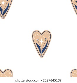 Seamless pattern with hearts and magical flowers on them. Flowers and a star. Blue flowers and a star on a white background. Cosmic elements and flora. An aesthetic floral seamless pattern for textile