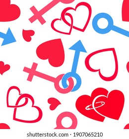 

Seamless pattern with hearts, mars and venus. St. Valentine's Day. Pattern for decorating love cards.