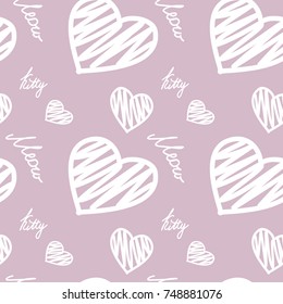 Seamless pattern with hearts and meow and kitty words,pink background,vector illustration