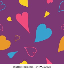 Patrón sin fisuras con corazones. Corazones multicolores sobre fondo morado. Patrón romántico sin fin
