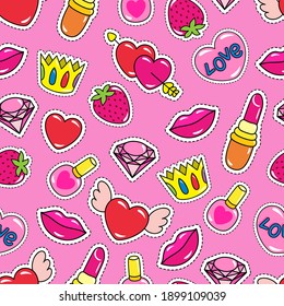 Seamless pattern with hearts, nail polish, lipstick, strawberry, lips, diamond, crown, pink color, love symbols, girlish or girly concept, sticker pack, cool design for wrapping, packaging, wrapper