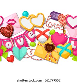 Seamless pattern with hearts, objects, decorations. Background can be used for Valentines Day and wedding.