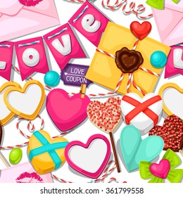 Seamless pattern with hearts, objects, decorations. Background can be used for Valentines Day and wedding.