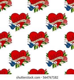 Seamless pattern with hearts in old school tattoo style. Valentines Day Romantic image vith letter on white background