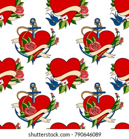 Seamless pattern with hearts in old school tattoo style. Valentines Day Romantic image on white background