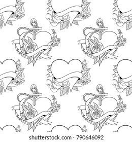 Seamless pattern with hearts in old school tattoo style. Valentines Day Romantic image on white background