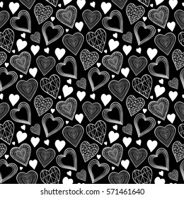 Seamless pattern with hearts on a black background.Hand draw vector hearts 