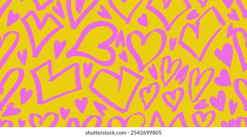 Seamless pattern hearts on bright yellow background. Seamless pattern for Valentine's day wrapping paper. Template for holidays, gift box, poster. Girly background with crayon drawn geometric hearts.