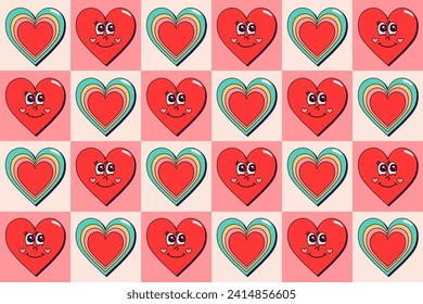 
Seamless pattern with hearts on checkered background. Heart with colorful tunnels and heart with face in retro style. Bright background for Valentine's Day in red and pink colors. Love and romance.