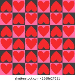 Seamless pattern with hearts on a checkered background. Modern retro illustration for decoration. Aesthetic vector print in style 60s, 70s.