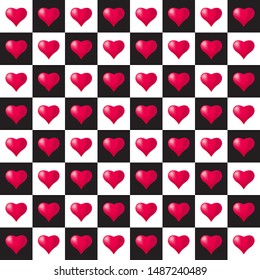 Seamless pattern with hearts on the chessboard. Symbol of love game. Vector illustration EPS10