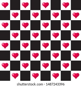 Seamless pattern with hearts on the chessboard. Symbol of love game. Vector illustration EPS10