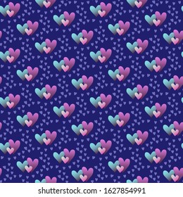 Seamless pattern of hearts on dark blue background. Hand-drawn cute heart for Valentines day and wedding design. Vector wallpaper. EPS 10