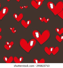 Seamless pattern with hearts on dark brown background. Vector illustration with love.