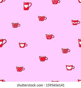 Seamless pattern with hearts on different red cups on a pink background. Stock vector illustration for decoration and design, wrapping paper, wallpaper, fabrics, cards, posters, for Valentines Day