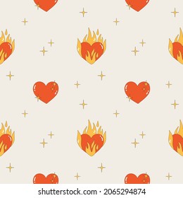 Seamless pattern - hearts on fire. Pattern in the style of the 2000s. Wrapping paper for Valentine's Day. Modern vector illustration of hearts and flames