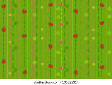 seamless pattern with the hearts on a green background